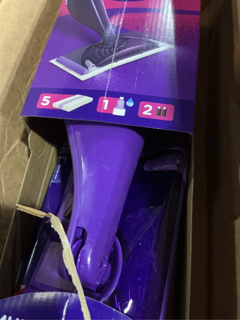 Condition photo showing Good Condition for swiffer wet jet mop, floor cleaner for mopping wood, laminate, tile in home, bathroom, kitchen, all purpose multi-surface cleaning set includes 1 spray mop, 5 pads refill, 1 fresh scent solution dust mop