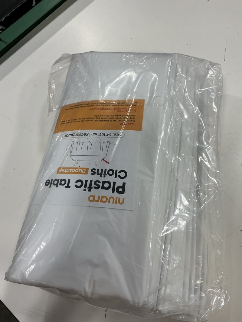 Condition photo showing New/Like New for niuara white plastic table cloth - 30 pack 54" × 108" rectangle disposable tablecloths for 6ft tables, waterproof table cover for party, holiday & gathering use white 54" x 108" - 30 packs