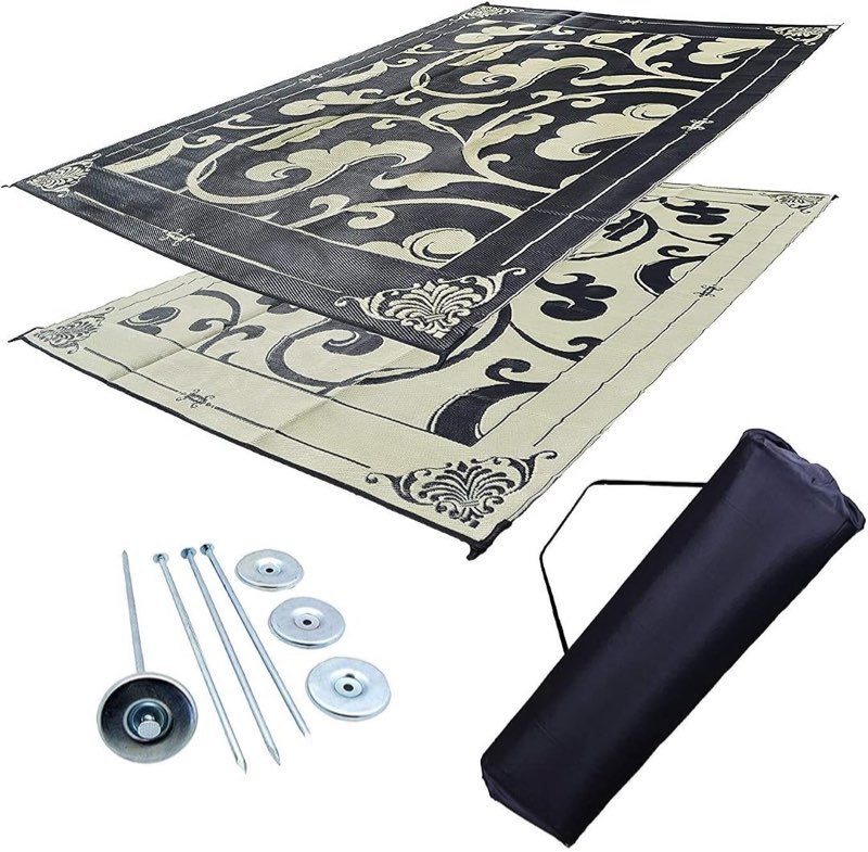 reversible rv outdoor rug for backyards, beaches, camping grounds, patios, and more, storage bag and mat stakes included, black/beige/d-vine (9x12)