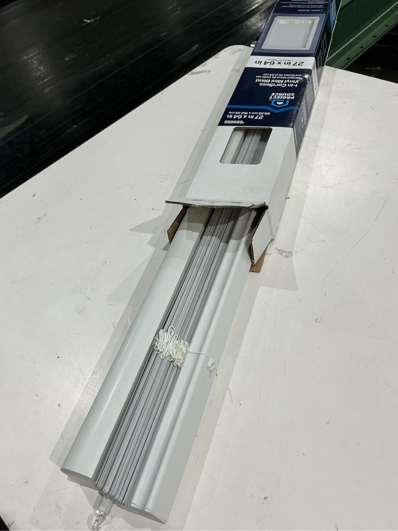 Condition photo showing Good Condition for project source room darkening 1-in slat width 27-in x 64-in cordless white vinyl room darkening mini-blinds