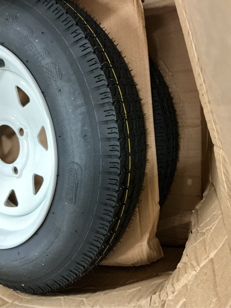 Condition photo showing Good Condition for garvee 4.80-12 trailer tires, 2 pack, load range c 6ply, 12"x4" rims 4 lug on 4", max load 990 lbs @ 90 psi, durable all-purpose design for utility, cargo & boat trailers