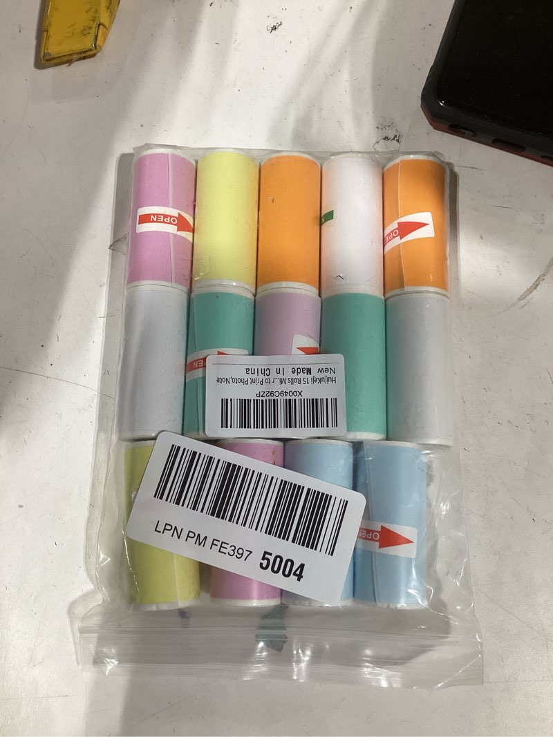 Condition photo showing As Is for HuiJuKeJi 15 Rolls Mini Printer Sticker Paper,Thermal Self-Adhesive Paper 57 * 25mm,3 Rolls of White &12 Rolls of Colour Paper for Pocket Inkless Portable Bluetooth Printer to Print Photo,Note Multicoloured 3 rolls white + 12 rolls colored paper