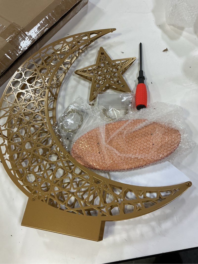 Condition photo showing Good Condition for tujoe large metal ramadan moon stand lights decorations for home iron eid mubarak star crescent moon lamp led light stand eid craft table centerpiece home islamic gift(20.4 x 17.3 inch,modern style) 20.4 x 17.3 inch modern style