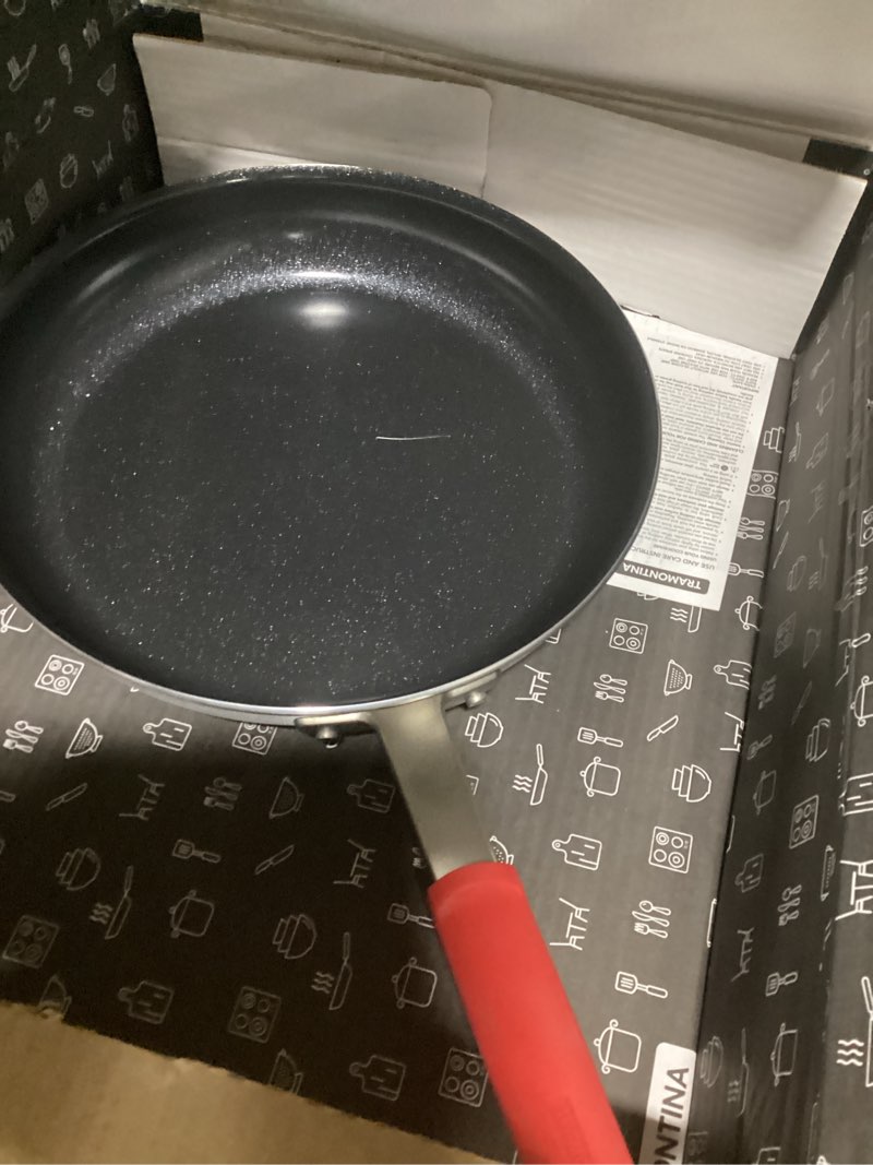 Condition photo showing As Is for Tramontina Professional 14-Inch Ceramic Non Stick Extra Large Frying Pan, Heavy-Gauge Aluminum Skillet with Ceramic Nonstick Coating, Dishwasher and Oven Safe, Black Ceramic Black 14 Inch
