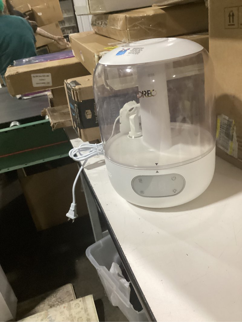 Condition photo showing As Is for dreo humidifiers for bedroom, 3l top fill 30h & 26db quiet runtime for large room, cool mist ultrasonic humidifier with humidity sensor, night light for home, baby, nursery, plants, new edition pearl white