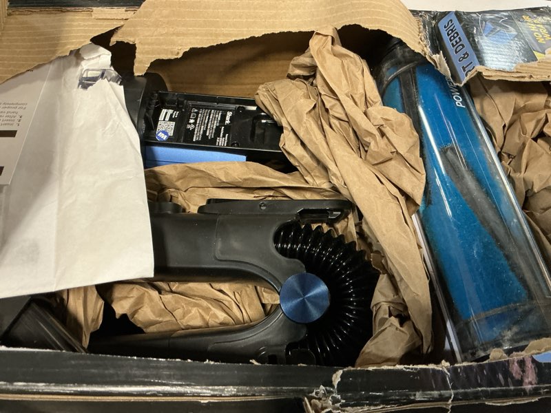 Condition photo showing As Is for shark uz565h pro cordless vacuum w/ clean sense iq & multiflex technology, powerfins plus brushroll, duster crevice tool & anti-allergen dusting brush, up to 40 minute runtime, white/blue (renewed)