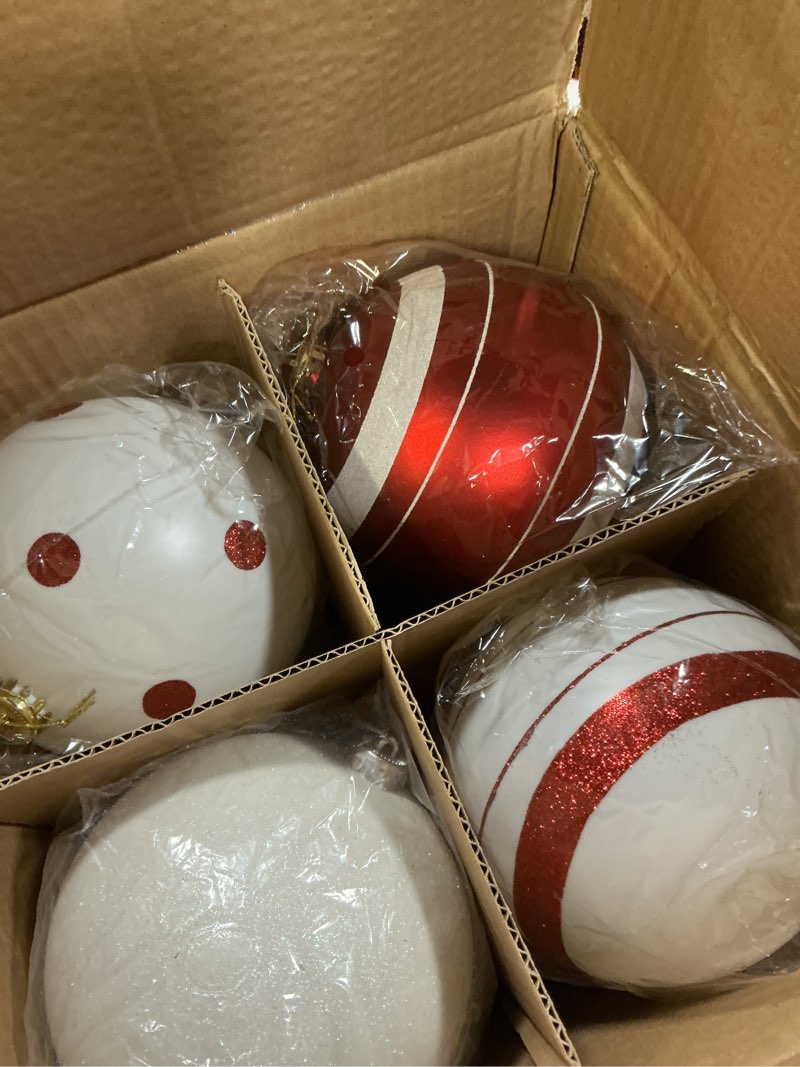 Condition photo showing New/Like New for Deekin 8 Pack Large Christmas Ball Ornaments 6 Inch Jumbo Glitter Hanging Ball Red/Green/White Candy Plastic Giant Oversizded Christmas Ornament for Indoor Outdoor Party Xmas Tree Decor (Retro)