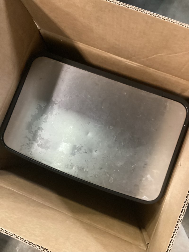 Condition photo showing As Is for simpli-magic 50 liter / 13.2 gallon soft-close, smudge resistant trash can with foot pedal and built in filter- stainless steel, sleek finish silver