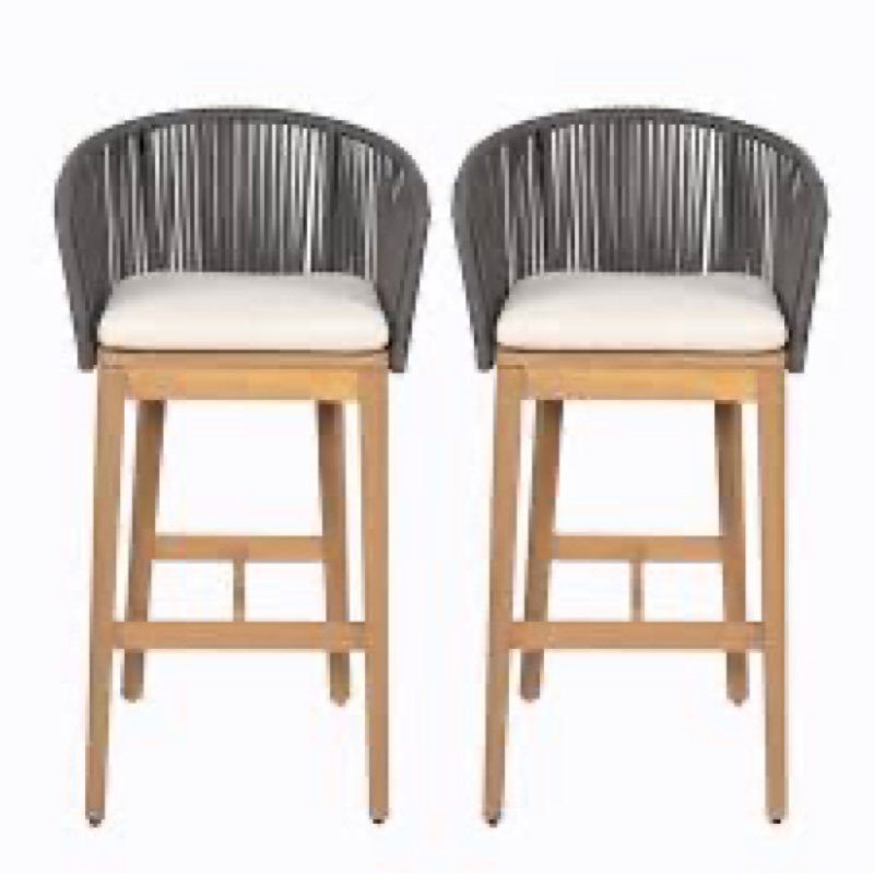 Bronson Outdoor 30.5" Seat Height Acacia Wood Bar Stools With Rope Backs & Cushions