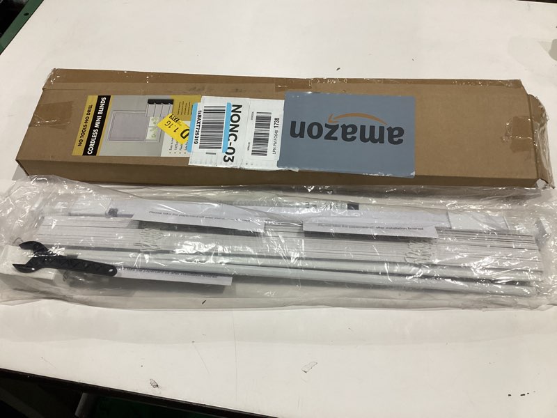 Condition photo showing New/Like New for Similar. Cordless Veranda Vinyl Roll-Up Blind - 72 Inch Length, 72 Inch Width, Quarter Inch Vinyl Slats - Charcoal/Silver - Soft Light Filtering Horizontal Windows Blinds for Indoors by Achim Home Decor