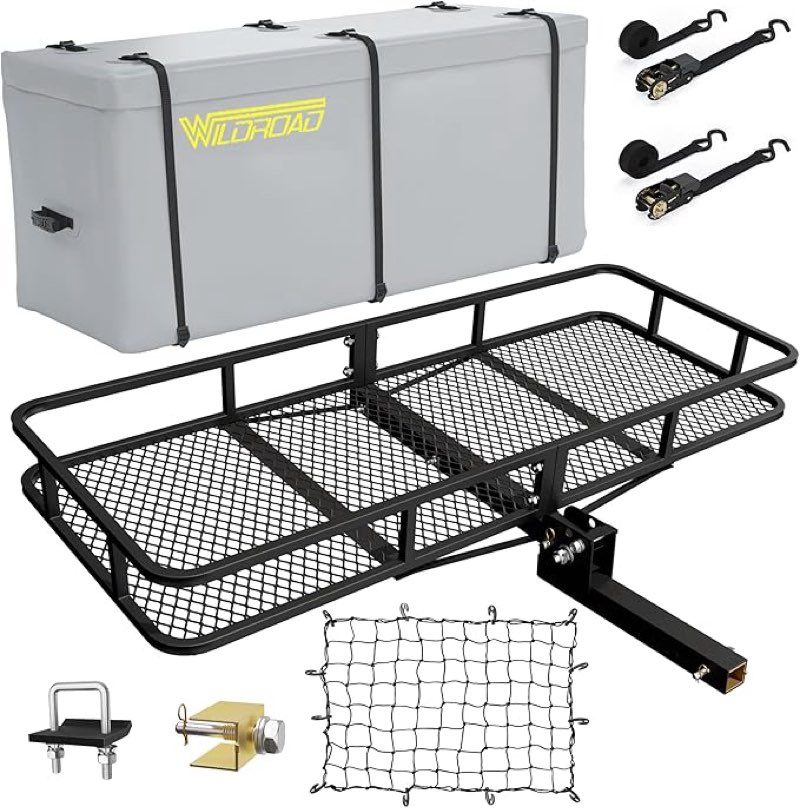 Wildroad Hitch Cargo Carrier Basket Combo 60" x 24" x 6" 500 LBS Folding Trailer Hitch Cargo Carrier Fits 2" Receiver with 18.2 Cubic feet Cargo Bag, Hitch Stabilizer, Cargo Net and Ratchet Straps