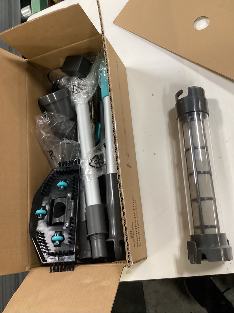 Condition photo showing As Is for poolmr handheld pool vacuum for above ground pool & hot tub vacuum, with 2 brush heads, 90 mins running time, 13.2 gallons/min powerful suction, ideal for cleaning debris and sand underwater, black