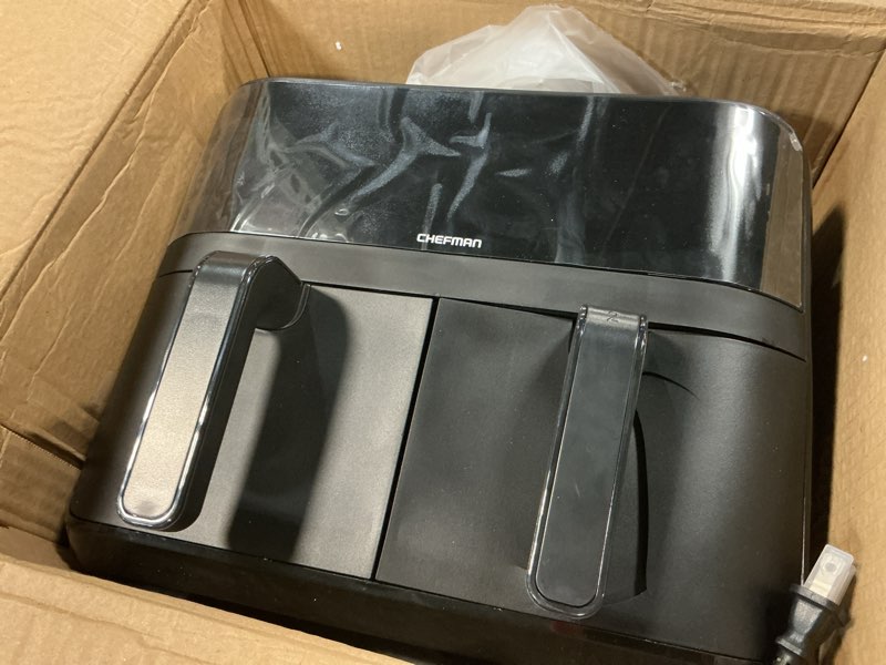 Condition photo showing As Is for Chefman 6 Quart Dual Basket Air Fryer - Digital Touchscreen, Smart Sync Finish, Hi-Fry, Auto Shutoff, 2 Independent 3QT Nonstick Dishwasher-Safe Frying Baskets - Digital Double Air Fryer - Black 6 Quart Air Fryer