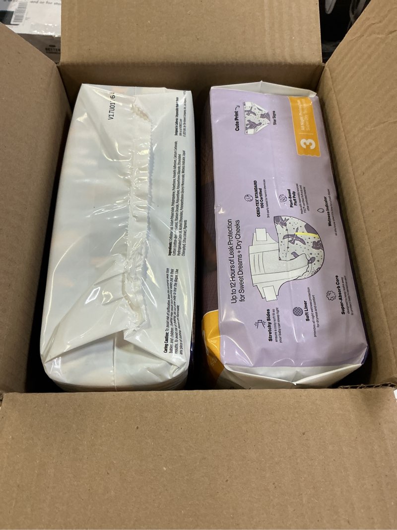 Condition photo showing New/Like New for the honest company comfort dry disposable overnight diapers for sensitive skin, hypoallergenic, baby cozy cloud and star signs design club box size 3 (16–28 lbs) 52 count size 3 52