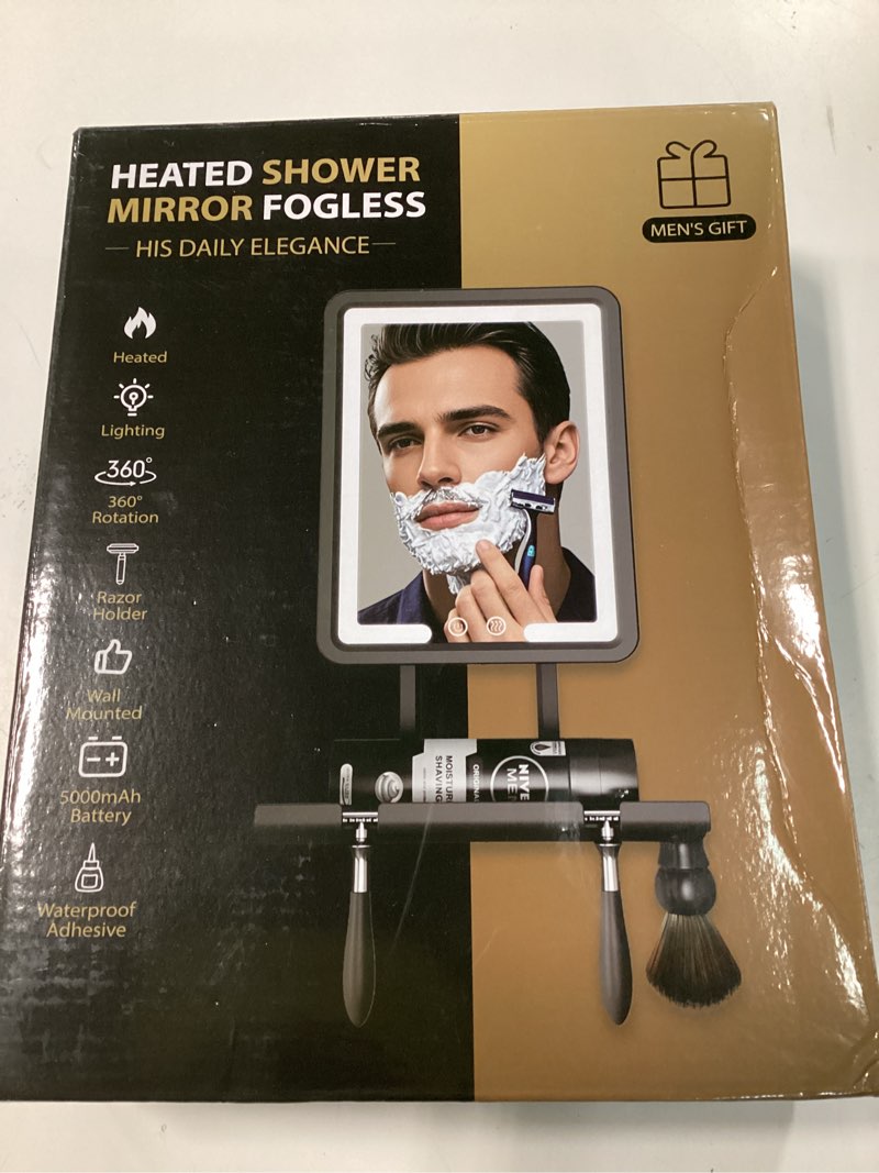 Condition photo showing New/Like New for shower mirror fogless for shaving with light - heated anti fog bathroom mirror razor holder recharegable 5000mah battery 3 colors dimmable adhesive wall mount shower accessories gift for men(black)
