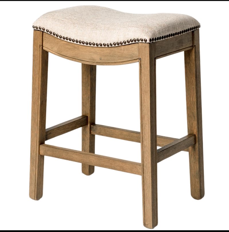 Maven Lane Adrien 26 Inch Counter Height Upholstered Backless Saddle Barstool in Natural Wood Finish with Wheat Crea