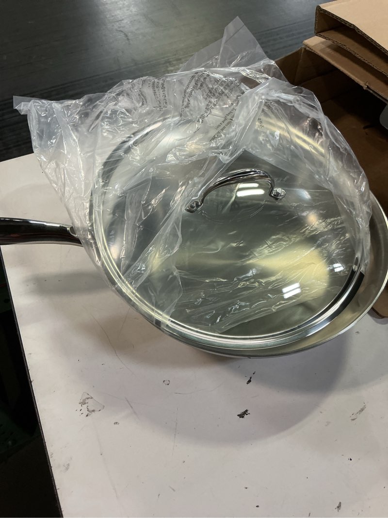 Condition photo showing Good Condition for keawell k3 premium stainless steel frying pan with tempered glass lid, stay-cool handle, dishwasher safe, oven-safe up to 600°f, induction ready, compatible with all cooktops (pan and lid, 12 inch) pan and lid 12 inch