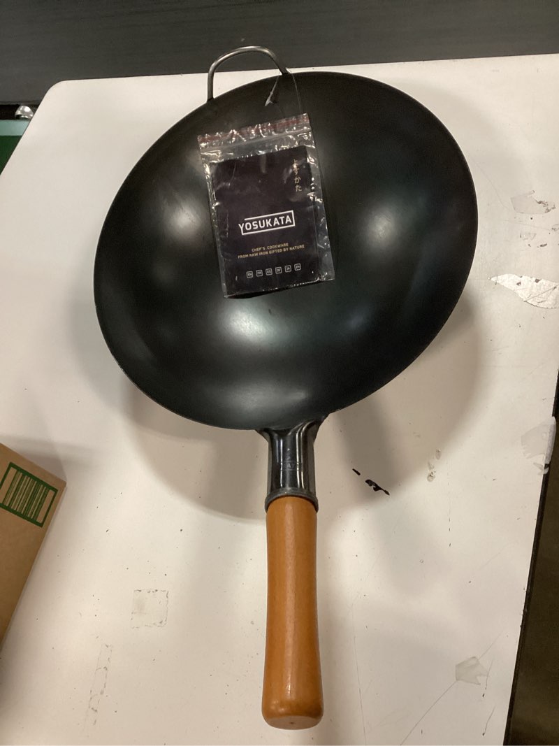 Condition photo showing New/Like New for YOSUKATA 14" Carbon Steel Wok with Round Bottom – Pre-Seasoned Pow Wok for Stir Fry – Traditional Chinese Japanese Black Steel Pan – Outdoor Cookware for Gas Stovetops, Open Fire, BBQ, Camping