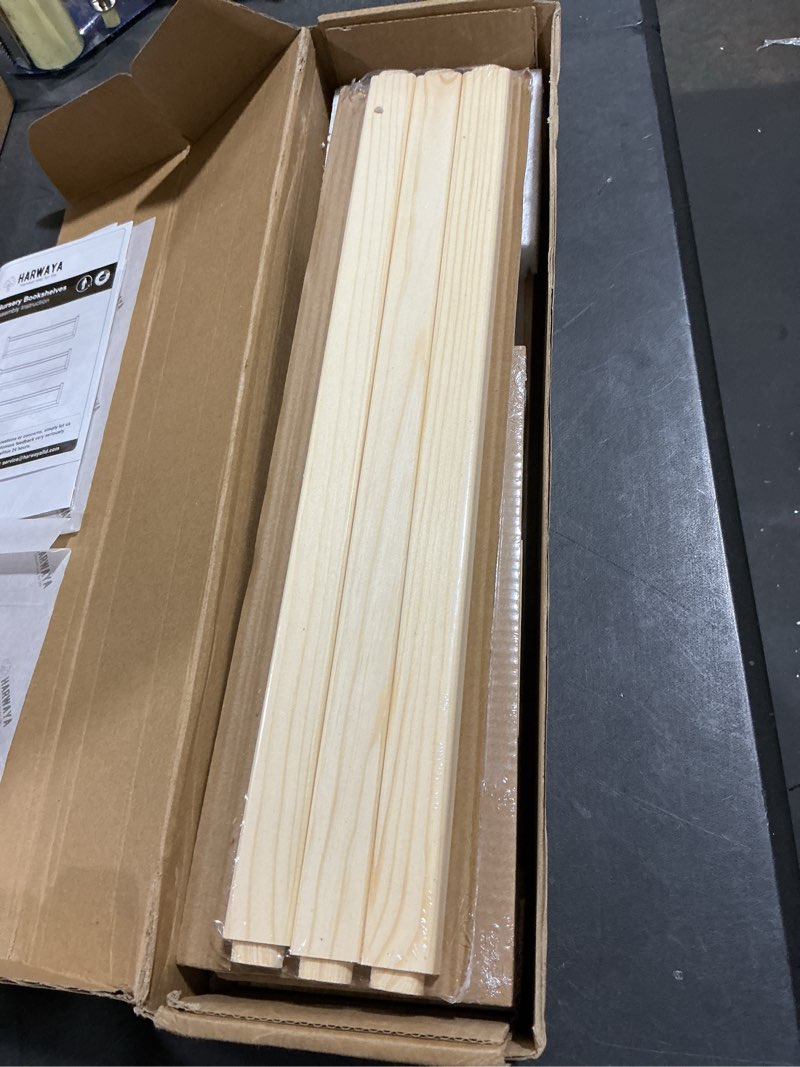 Condition photo showing New/Like New for Floating Nursery Book Shelves for Wall, Natural Wood Wall Bookshelf for Kids Room Bedroom, Small Wooden Hanging Baby Book Shelf and Toy Organizer for Nursery Girl Boy Toddler Child - Set of 3 16.5 Inch Long 1. Natural Wood