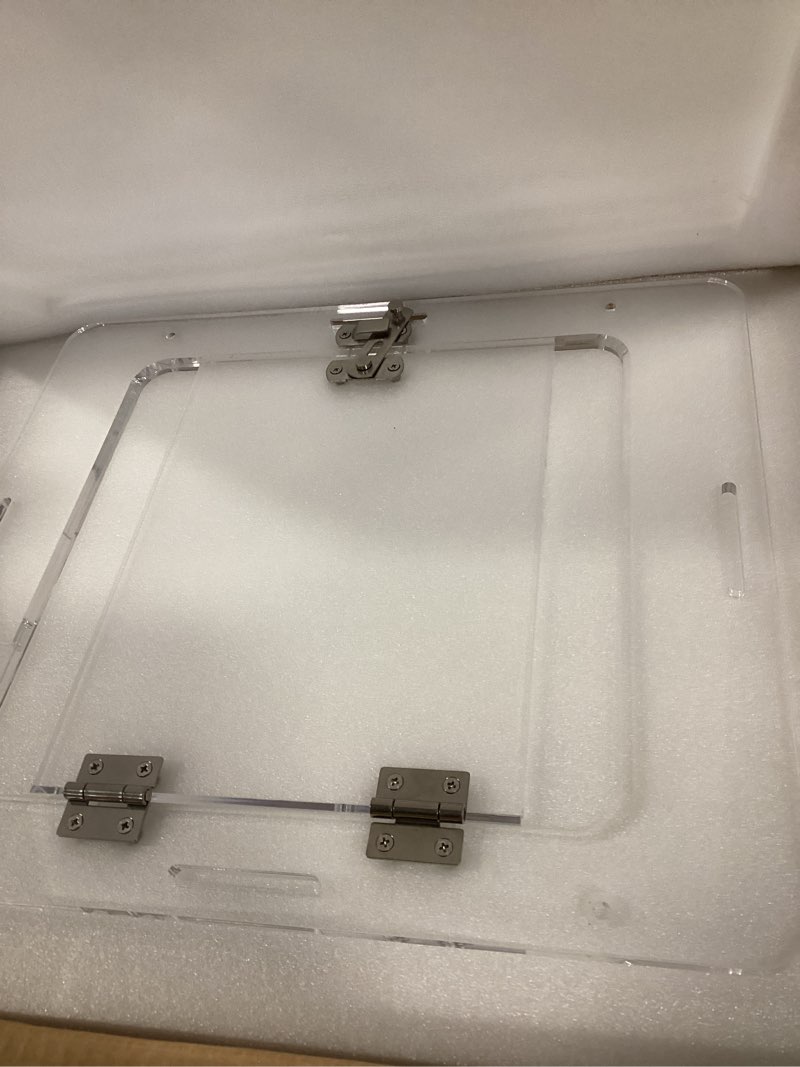 Condition photo showing New/Like New for Sumerflos Clear Acrylic Dog Crate - Modern Dog Kennel Furniture, Indoor End Table Dog Crate Lockable Ventilated for Most Small Dog Cat Pet, 21.65" L x 15.74" W x 17.71" H Extra Small