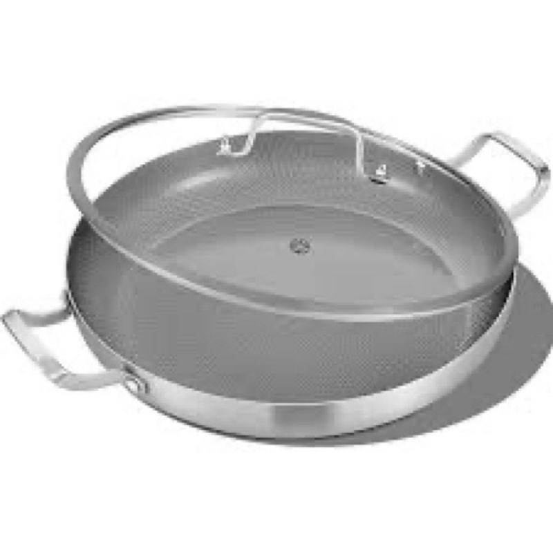 inqibee 14-inch hybrid tri-ply stainless steel paella pan with lid,ceramic non stick large skillet,i