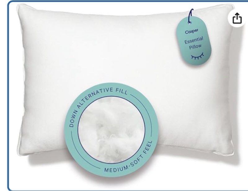 casper sleep essential pillow 2-pack, standard size – medium soft feel, down-alternative fill, supports side, back & stomach sleepers