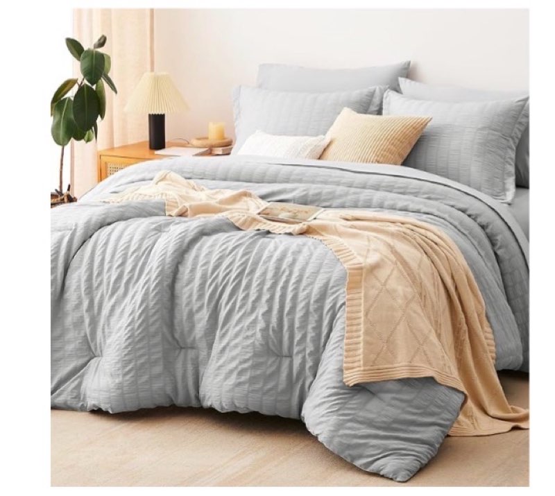 cozylux queen comforter set light grey seersucker 7 pieces bed in a bag queen comforter set with sheets luxury soft bedding set with down alternative comforter, sheets, pillowcases & shams all seasons