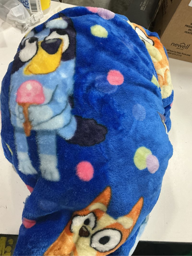 Condition photo showing As Is for bluey & bingo soft silky fleece throw blanket, 40" x 50", kids party pups design
