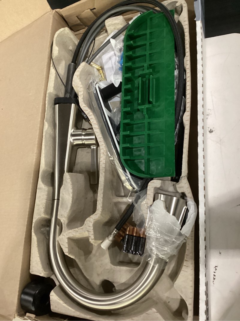 Condition photo showing As Is for delta lenta brushed nickel touch kitchen faucet with pull down sprayer, modern single hole touch on kitchen sink faucet, single handle, spotshield stainless 19802tz-sp-dst spotshield stainless touch activation