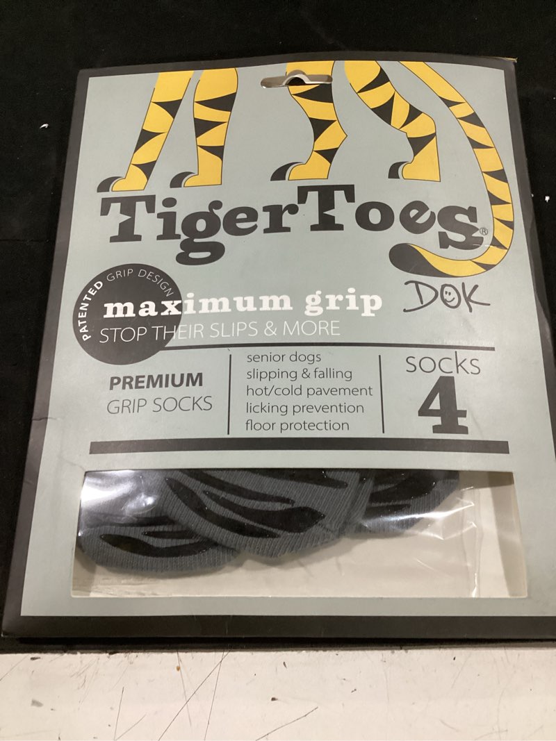 Condition photo showing Good Condition for (large) dok tigertoes premium non-slip dog socks for hardwood floors - extra-thick grip that works even when twisted - prevents licking, slipping, and great for dog paw protection - size large classic grey large