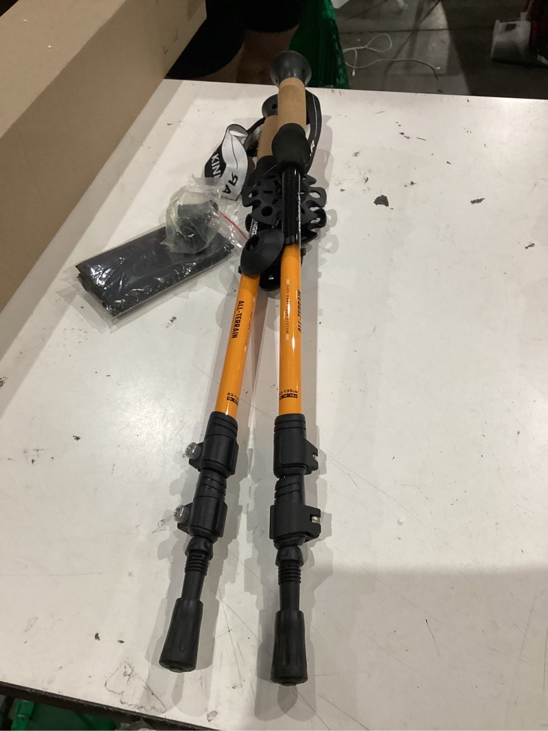 Condition photo showing Good Condition for kinggear trekking poles 7075 aluminum lightweight hiking sticks | adjust 25.5-54", flip lock, cork eva grip, 2pc set, for hiking, with snow/mud/rubber/tungsten tips for all terrains orange