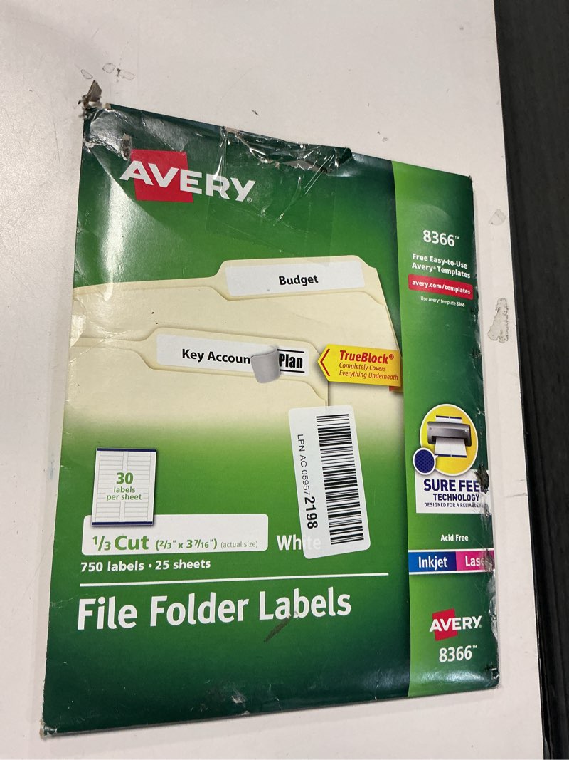 Condition photo showing Good Condition for Avery File Folder Labels with TrueBlock Technology, Permanent Adhesive, 2/3" x 3-7/16", Laser/Inkjet, 750 Labels (08366)