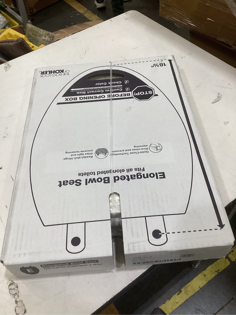 Condition photo showing New/Like New for kohler 4636-rl-0 cachet readylatch elongated slow close toilet seat, soft close toilet seat quiet lid, contoured grip-tight bumpers installation hardware, apartment essentials, white white elongated ready latch