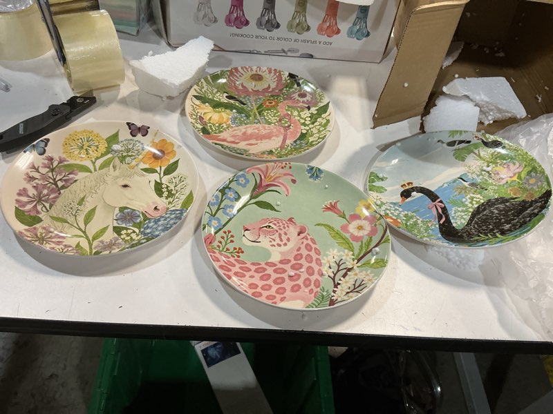 Condition photo showing New/Like New for 4 piece ceramic plates set, 8.5inch dessert & salad,appetizer plates?illustrated style prints, suitable for serving pasta, pizza. dishwasher, microwavesafe.gift for birthdays and holidays(8.5inch) 8.5inch-plates set of 4