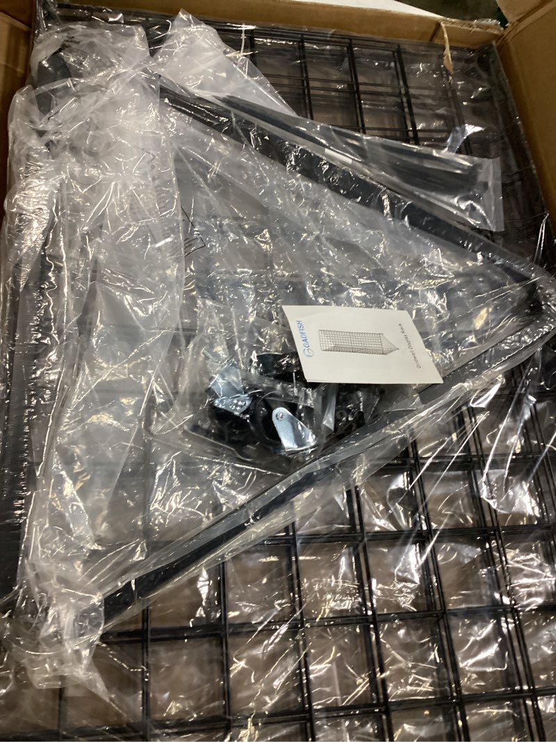 Condition photo showing Good Condition for gadfish triangular gridwall panel display stand, black triangle wire grid tower with base and casters, 24" x 68" rolling grid wall, panel stand for home organization, retail, trade show, vendor