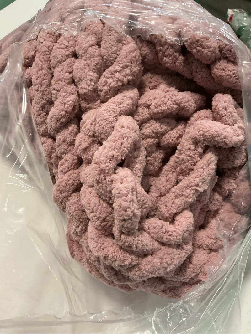 Condition photo showing Good Condition for Bigacogo Chunky Knit Throw Blanket for Couch, 40x40 inches, 100% Hand Knitted with Thick Jumbo Chenille Yarn, Cozy Soft Large Rope Knot Cable Crochet Blankets for Sofa Bed Living Room, Dusty Pink Dusty Pink 40"x40" (Small Size Throw?