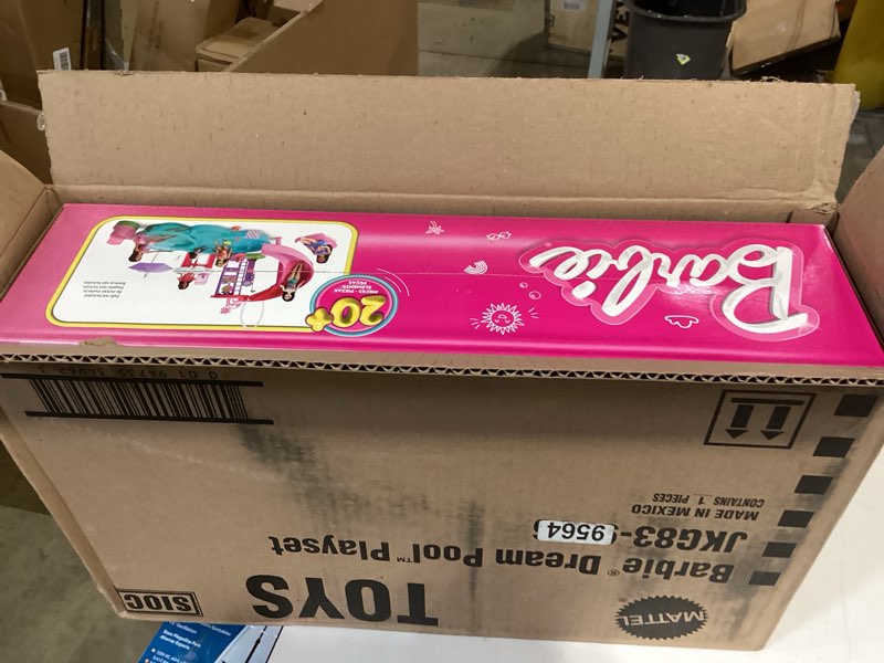 Condition photo showing Good Condition for barbie dream pool playset with 6 play areas, including slide & bubbling hot tub, plus 20+ accessories like pet, floaties & more