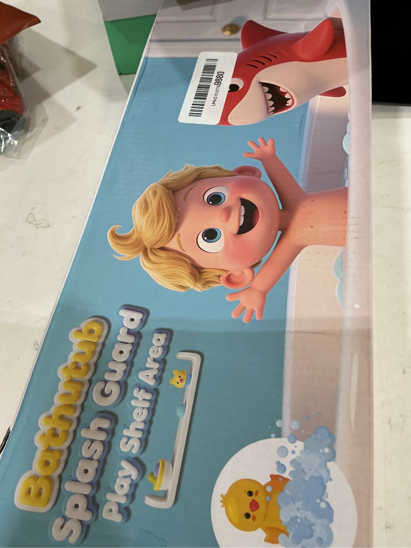 Condition photo showing New/Like New for bathtub splash guard playpad shelf area with strong suction cups, toy tray caddy holder storage over tub, bathtub ledge guard, no mess water, splash protection water barrier for bathroom-white