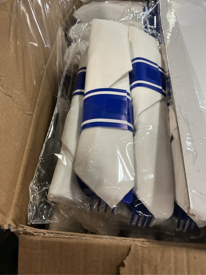 Condition photo showing New/Like New for Liacere 350PCS Blue Plastic Plates - Clear with Blue Trim for 50Guests Dinnerware Include 100 Clear Plates disposable 150 Silverware 50Napkins for Wedding?Back to School?Washington's Birthday