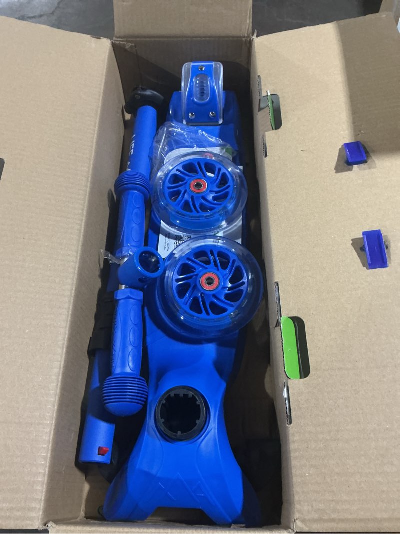 Condition photo showing Good Condition for lifemaster mini 3-wheel kids scooter with multi-color wheel lights – 4-height adjustable handlebar, wide anti-slip deck, child safety certified, boys & girls ages 2+ supports up to 110 lbs blue children and toddler
