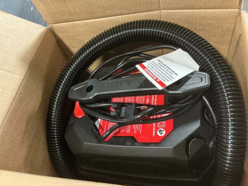 Condition photo showing As Is for craftsman 3-gallon 3 hp corded wet/dry shop vacuum with accessories included