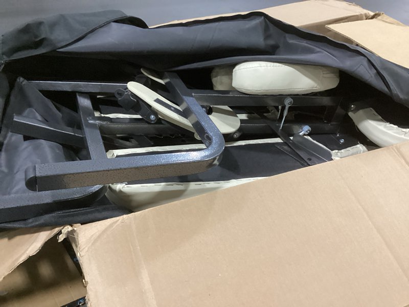 Condition photo showing As Is for Brelley Massage Table Portable, 2-Fold Lash Bed with Side Pocket, Adjustable Height, Sturdy Aluminum Frame, Esthetician Spa Facial Bed, Tattoo Bed with Face Cradle & Carrying Bag, Black