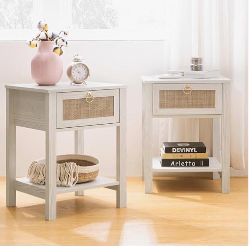 sicotas white nightstand set of 2,rattan decor drawer with brass knobs night stand bedside table boh