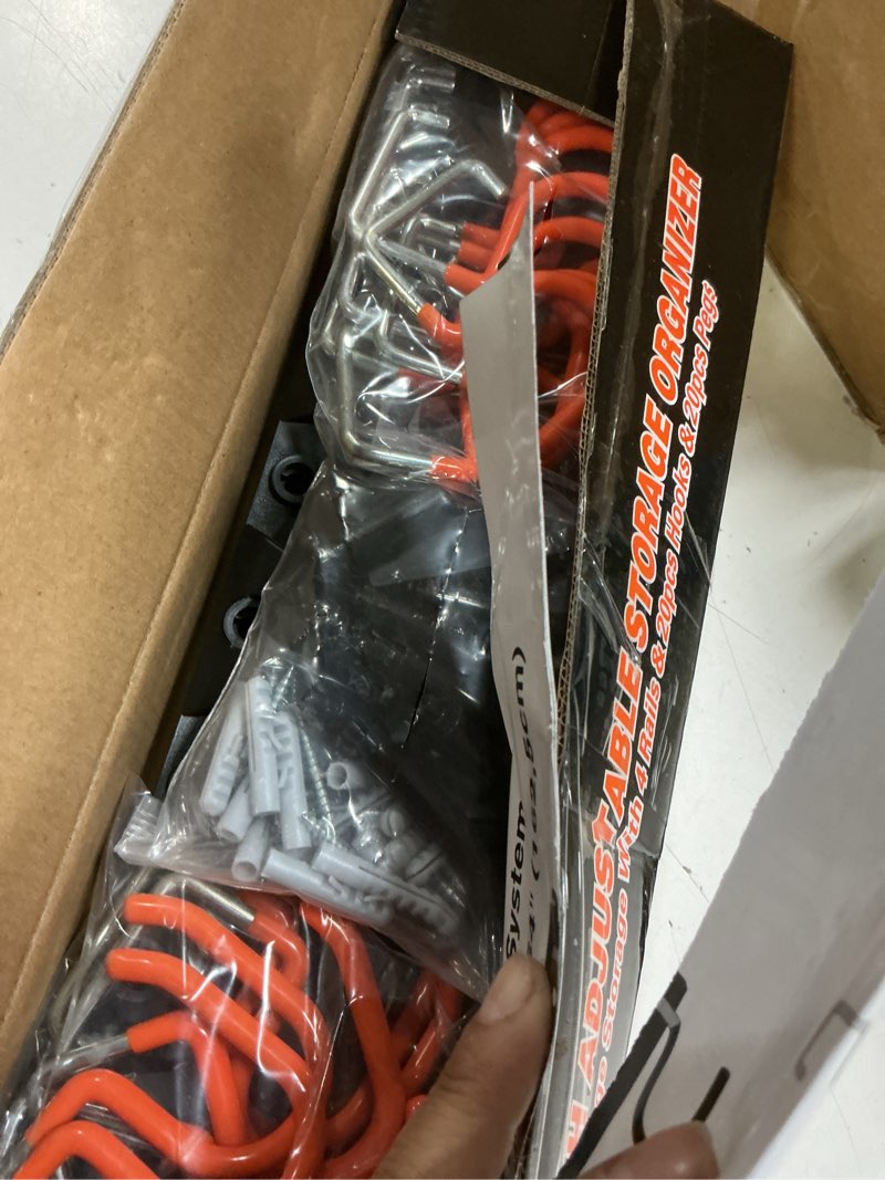 Condition photo showing New/Like New for HORUSDY 64 Inch Adjustable Storage System, Wall Mount Tool Organizer, Tool Hangers for Mop and Broom Holder Shovel, Rake, Broom, Mop Holder, Etc Black 4Pack