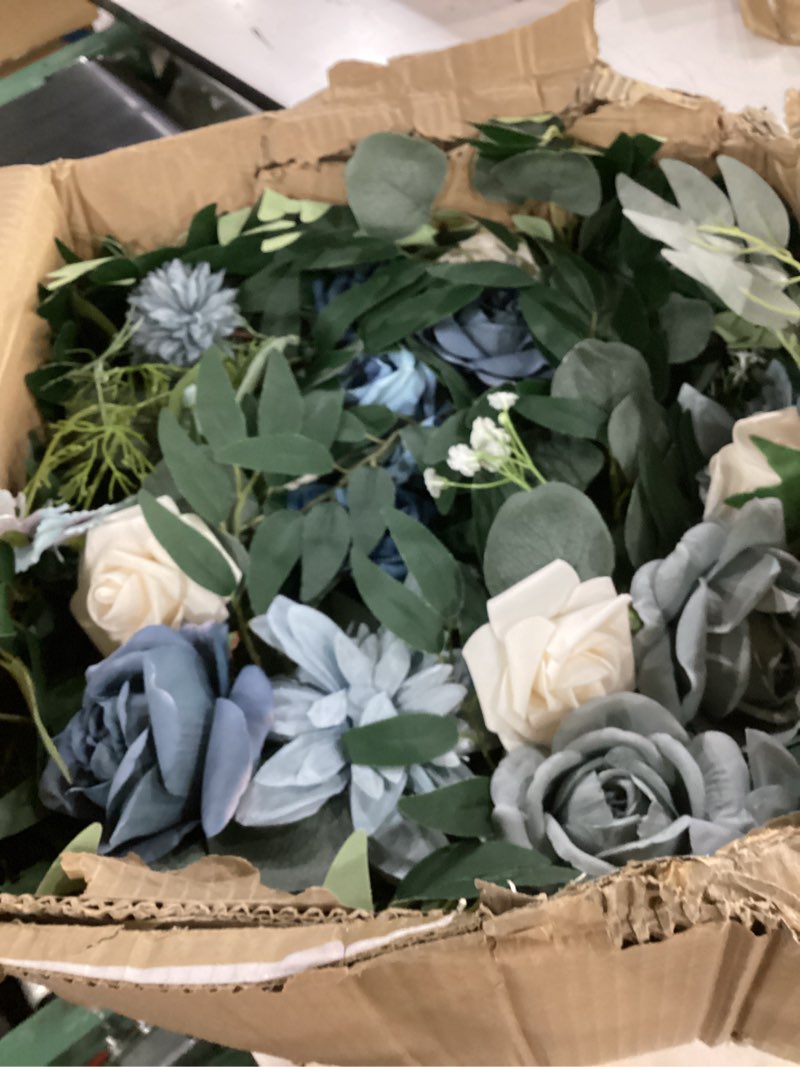 Condition photo showing Good Condition for tinge time artificial sweetheart flower swag with table cloth and table runner, pack of 3 floral arrangement for wedding sweetheart table centerpiece decoration (dusty blue)