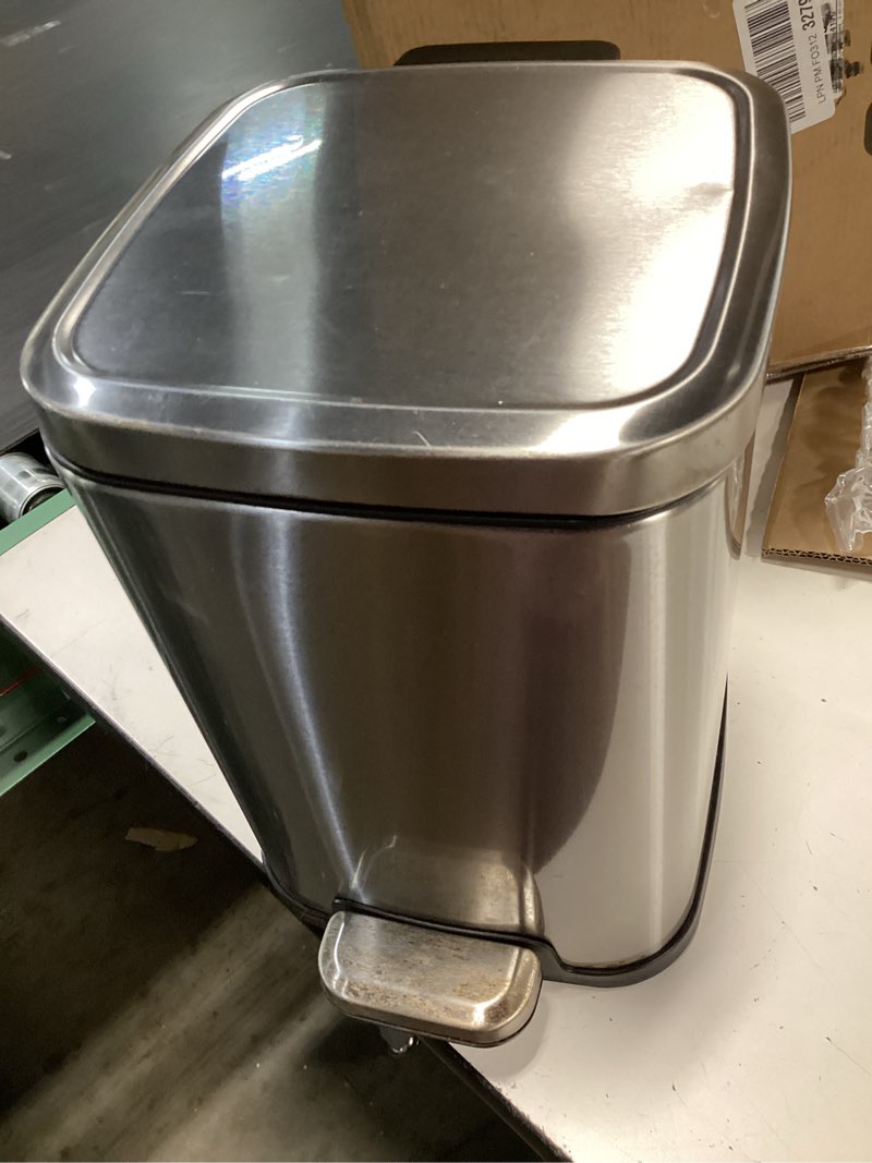 Condition photo showing As Is for small bathroom trash can with lid soft close, step pedal, 5l