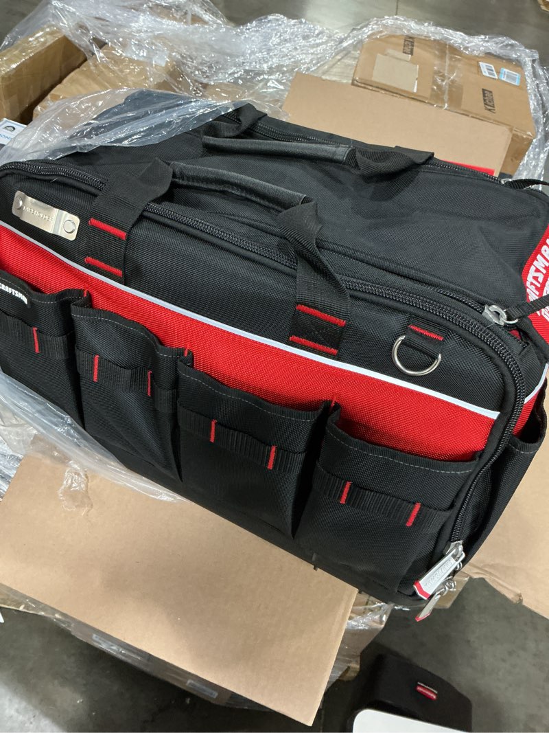 Condition photo showing New/Like New for craftsman tradestack tool bag, 22.5”, durable polyester, black and red (cmst21450)