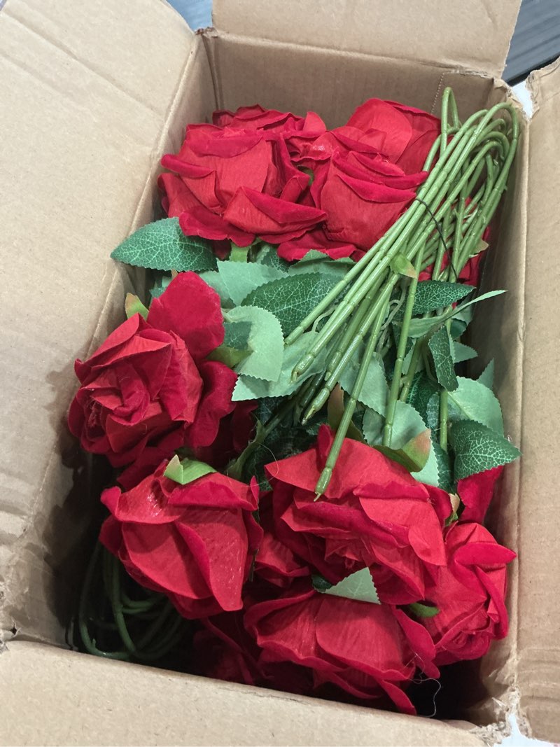 Condition photo showing Good Condition for waipfaru red roses artificial flowers bulk, real touch velvet roses with wrapping paper, 50 pcs fake flowers for wedding centerpieces bridal bouquet valentines mothers day decor red 50 pcs