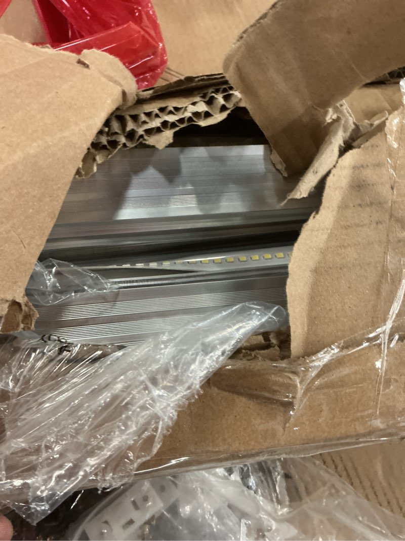 Condition photo showing As Is for barrina led shop lights, 8ft 100w 15000lm 6500k, super bright white, v shape, clear cover, high output, linkable, t8 led tube light, for garage 8 foot with plug (pack of 12) 6500k 8ft-12 packs-100w