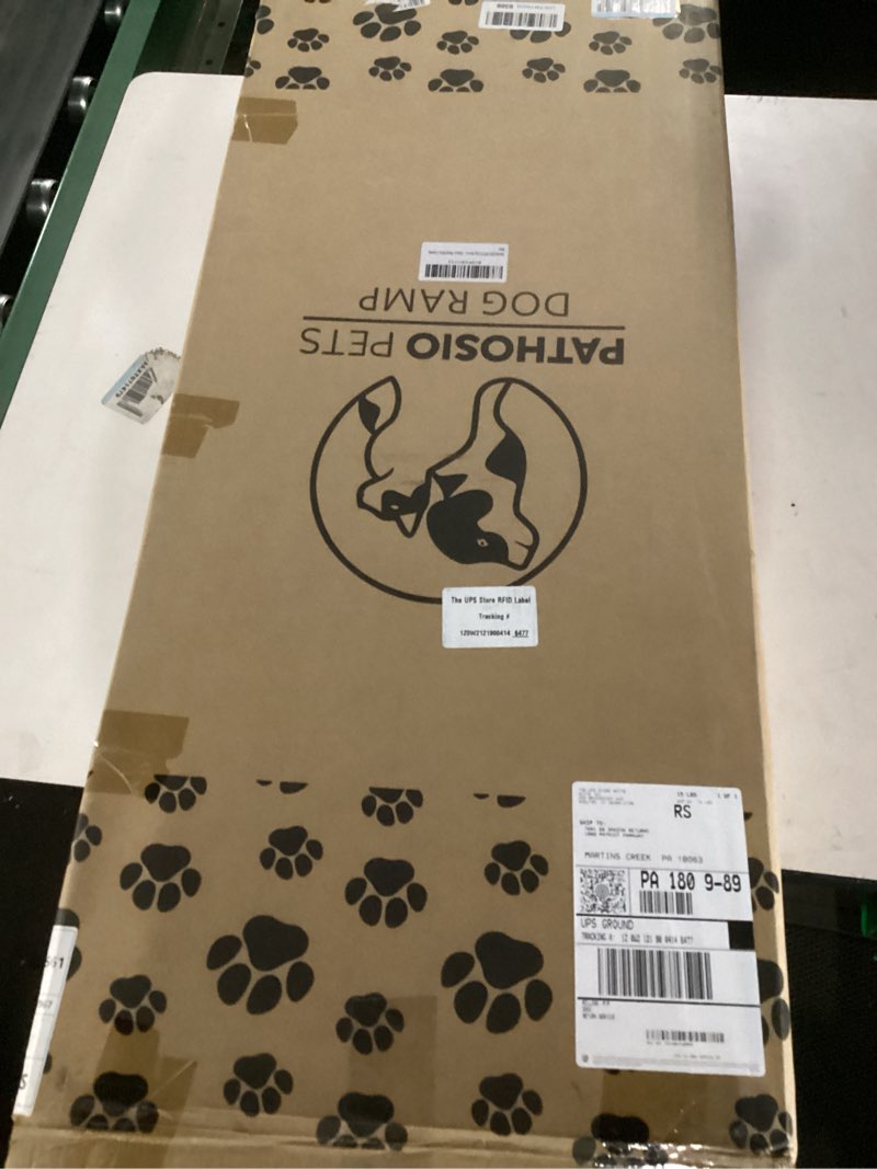 Condition photo showing New/Like New for Adjustable Dog Ramp for Bed - 39" Long Foldable Wooden Ramp for Dogs to Get on Bed, Couch, or Car with 13.4" Wide Walking Space (Walnut Wood with Gray Carpet, Medium) Walnut Wood 39” Long x 13.4” Wide